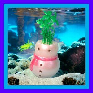 Aquarium Decoration - Frosty Snowman with Green Plant.